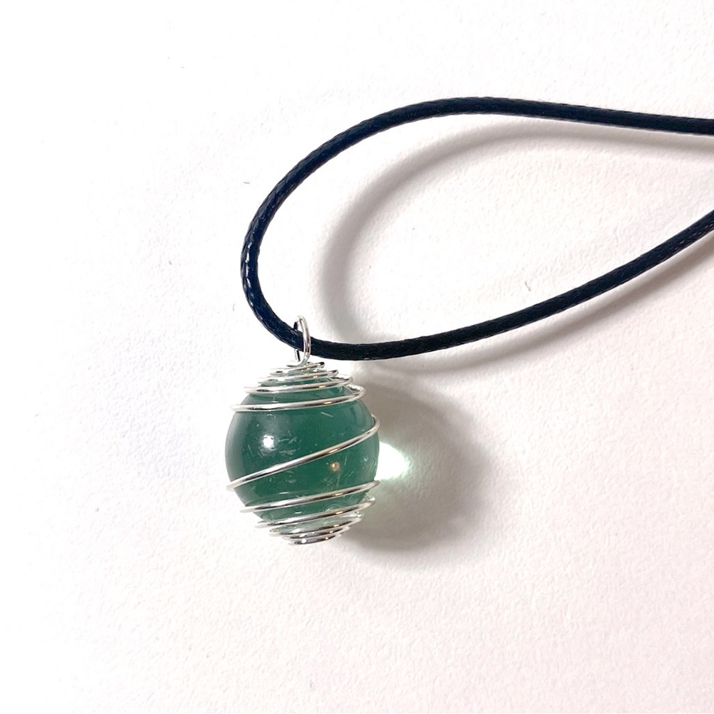 Simple Minimalist Green Glass Marble Orb Wire Wrap Pendant Necklace Vegan Cord